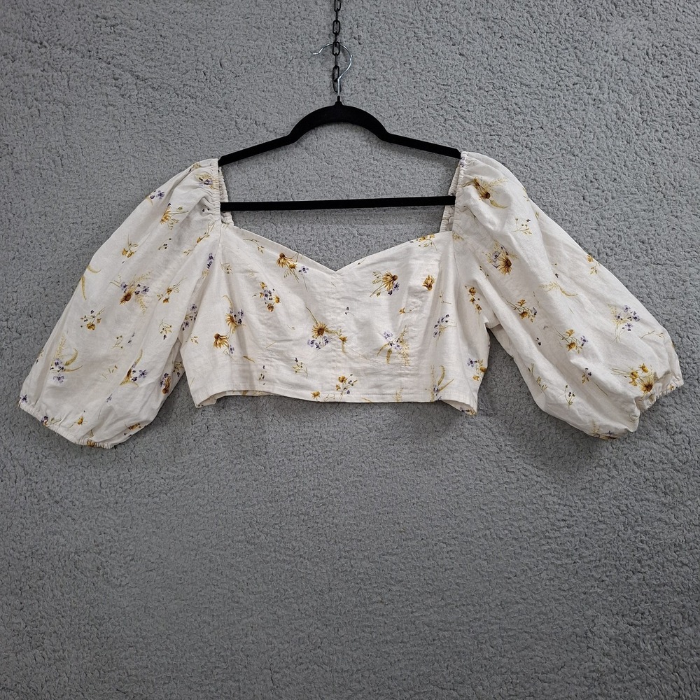 H&M Womens Puff Sleeve Floral Ultra Cropped Top L Linen‎ Blend Coquette Milkmaid